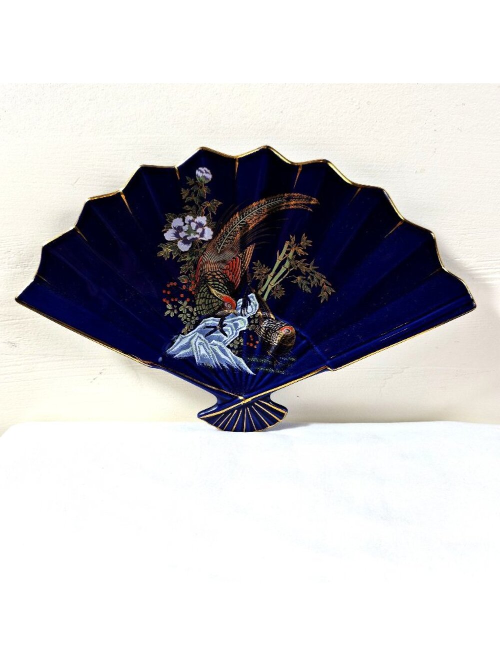 Vintage Flambro Taiwan Cobalt Blue Porcelain Fan Vanity Dish Pheasant Bird
